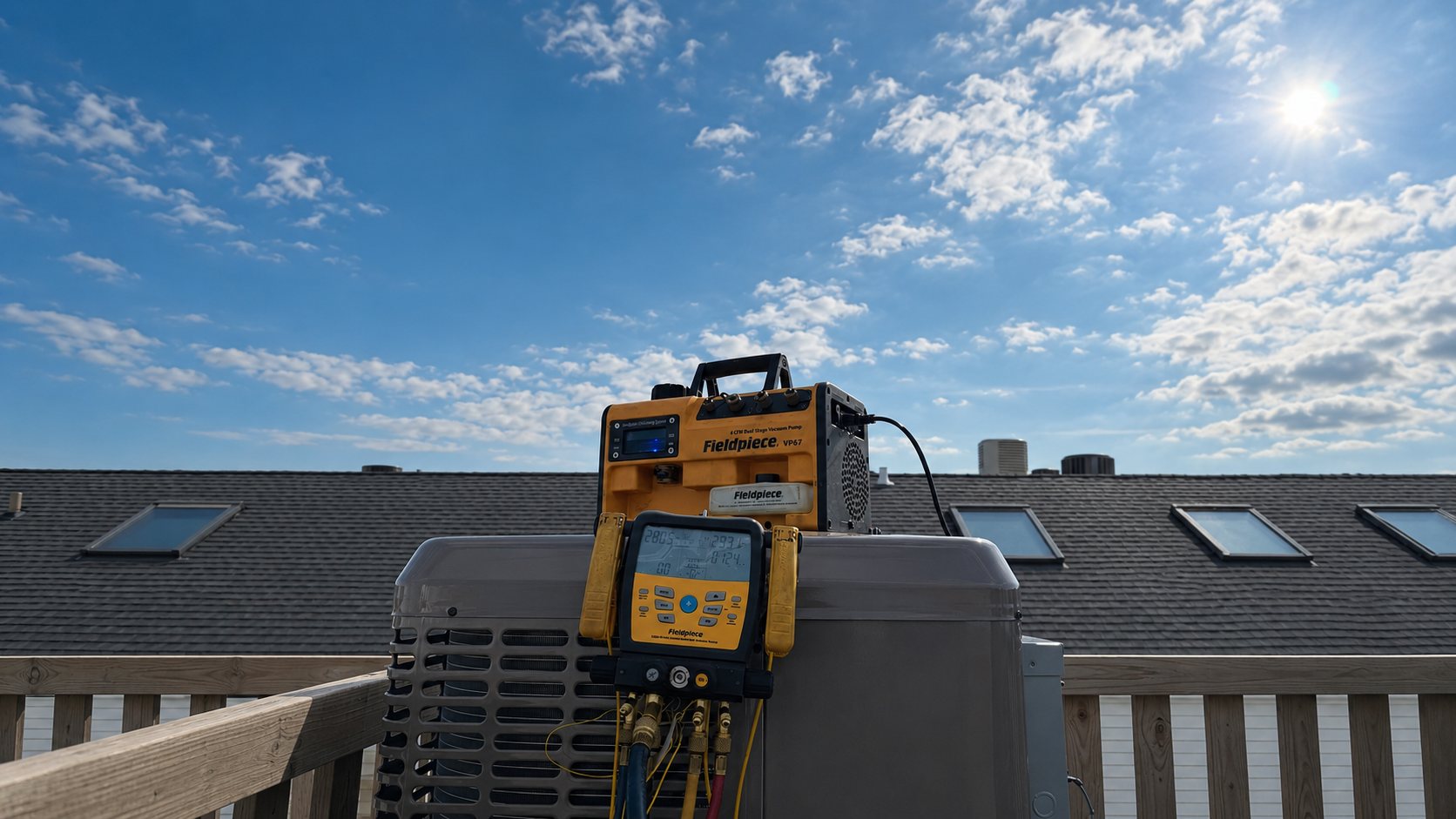 HVAC diagnostic with digital gauges on residential AC